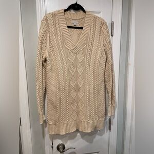 L.L. Bean Signature Size M Cream V Neck Cotton Tunic CableKnit Fisherman Sweater